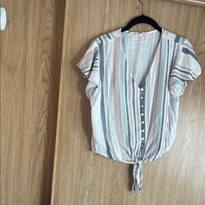 White and Blue Cap Sleeve Tie Front Blouse